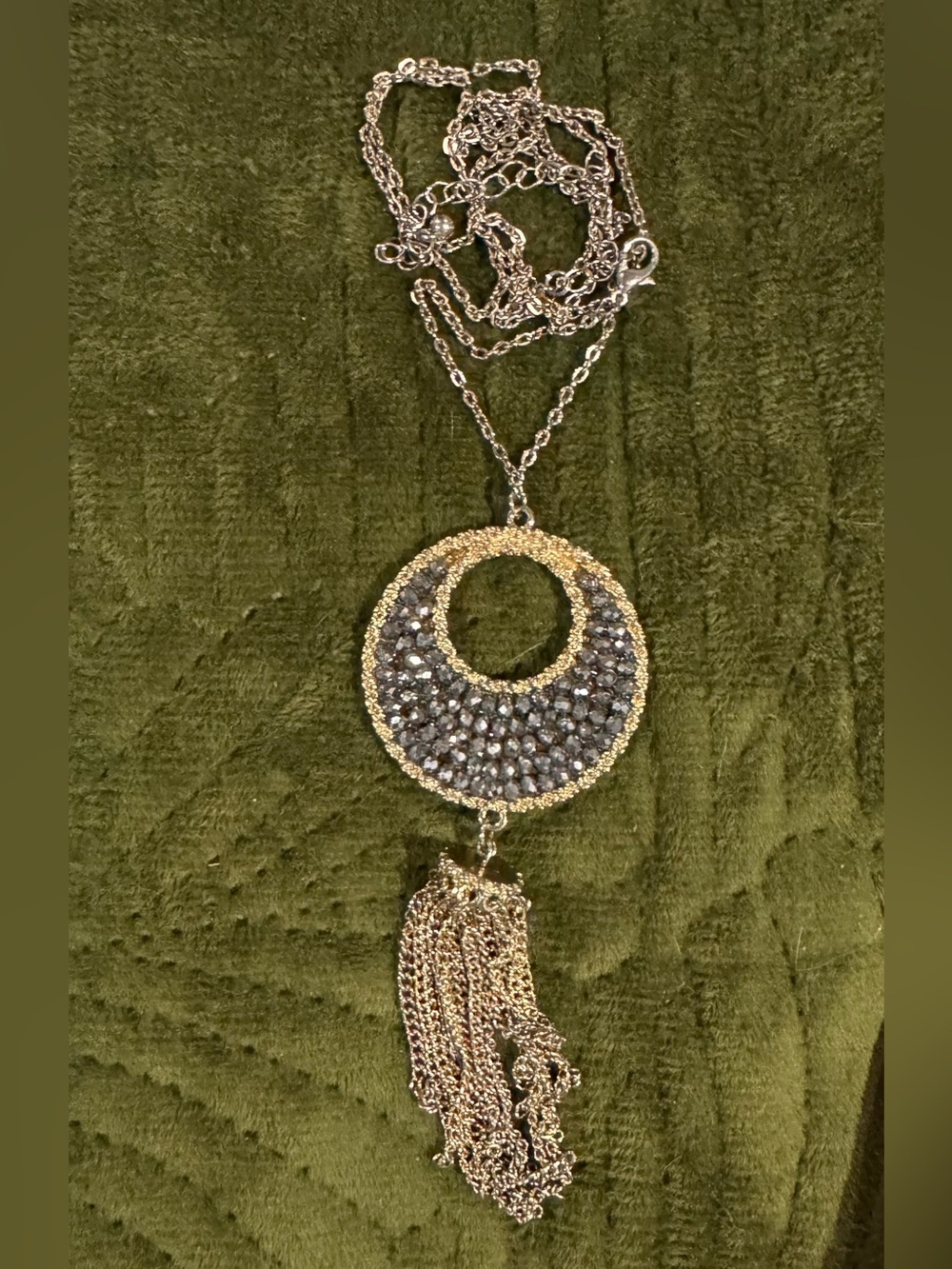 34" Long Reversible Gold and Gray Crystal Crescent Tassel Statement Necklace